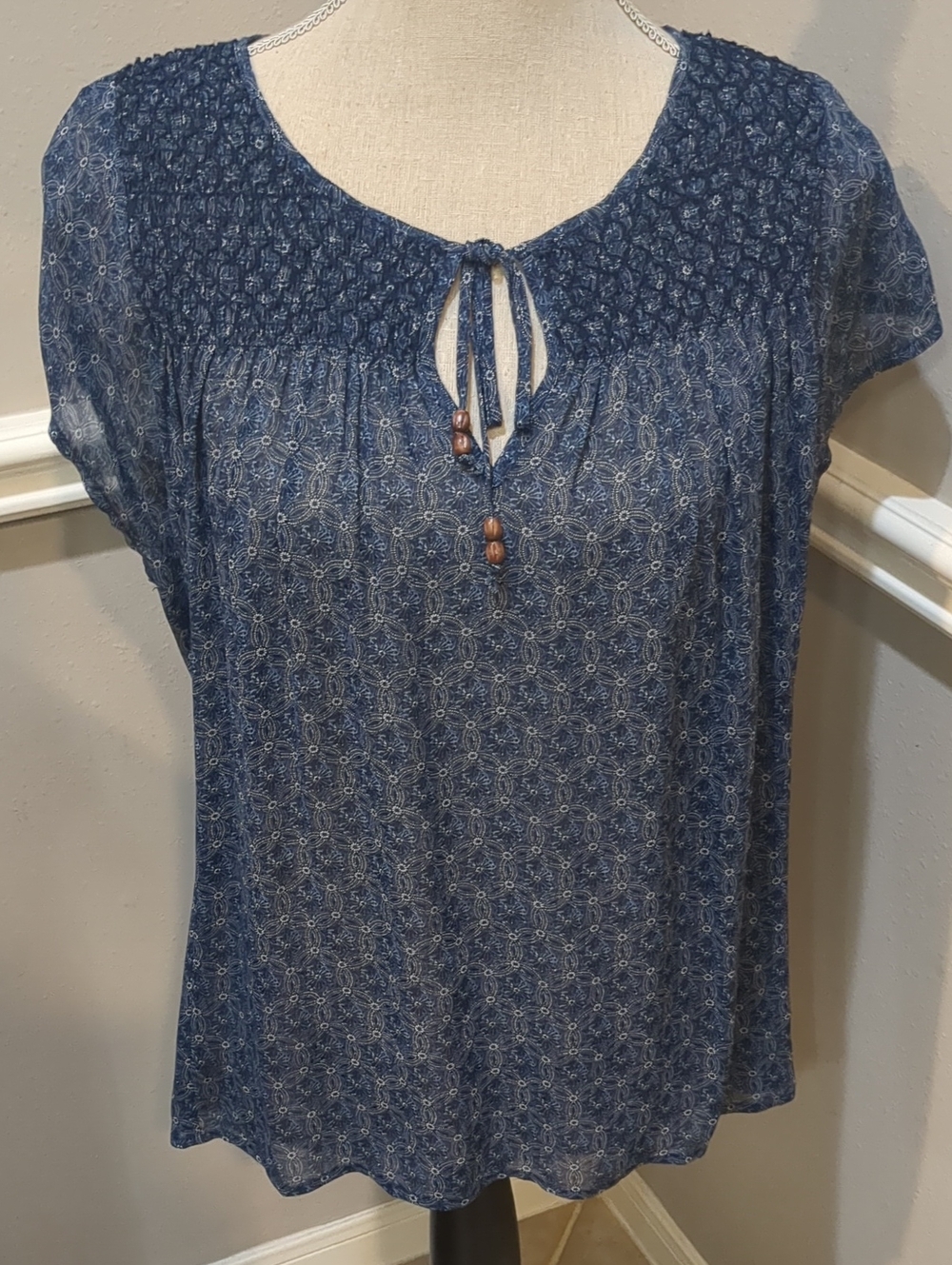 Sanctuary Women's Blue Smocked Neck Peasant Top